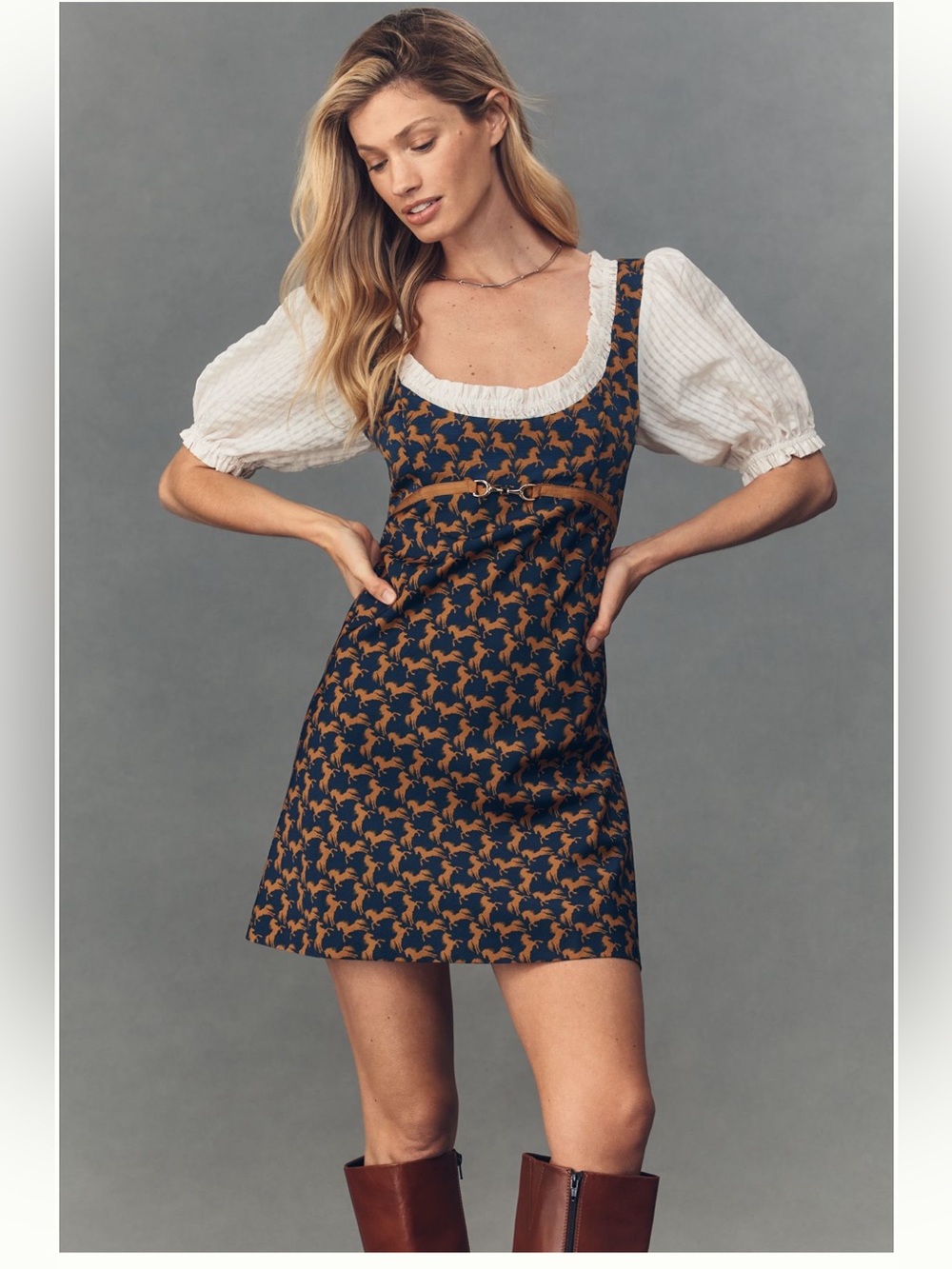 Maeve Navy and Mustard Horse-Print Dress with White Puff Sleeves- Western